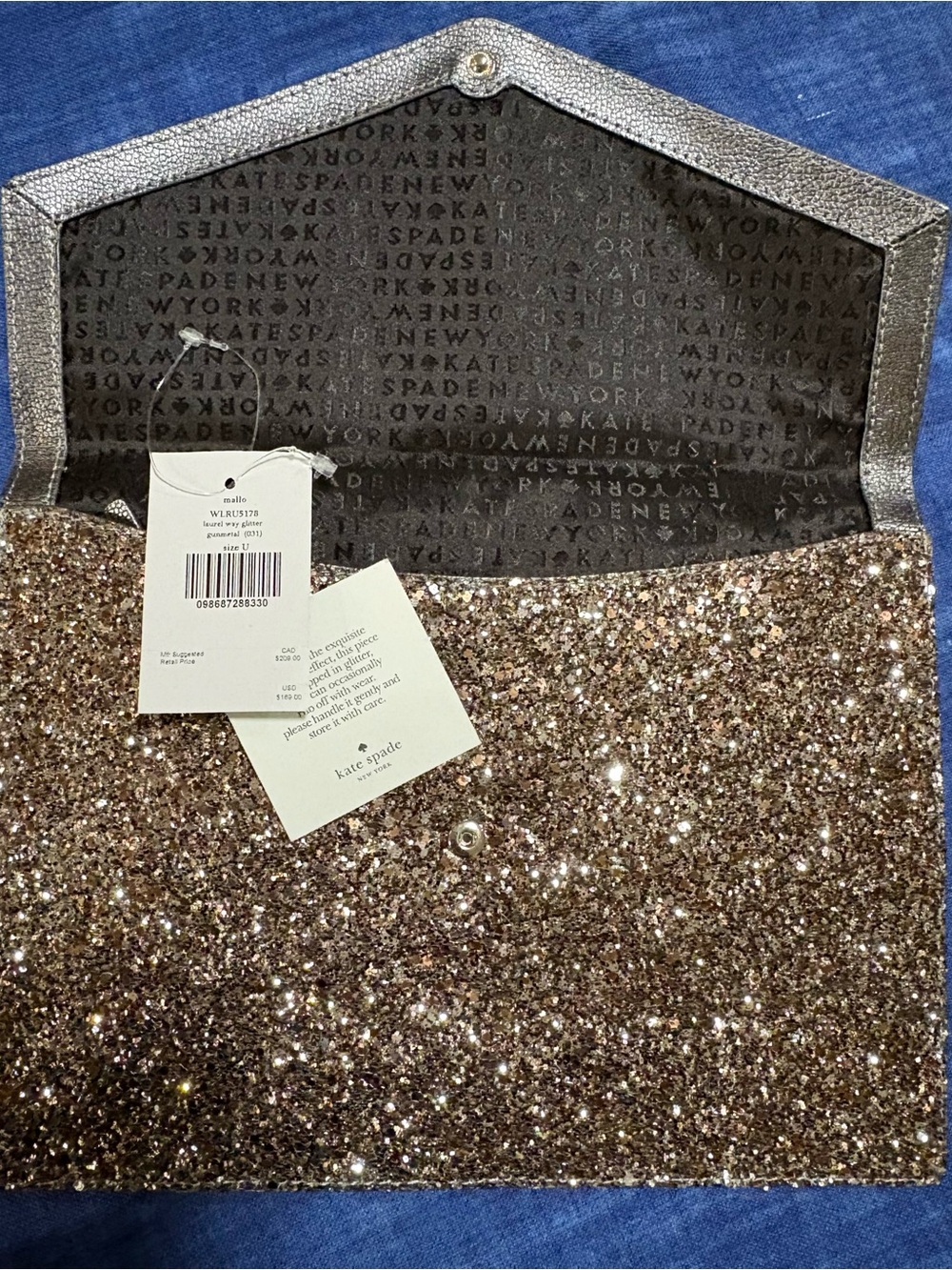 NWT $169 Kate Spade New York Laurel Way Gunmetal Glitter Envelope Clutch